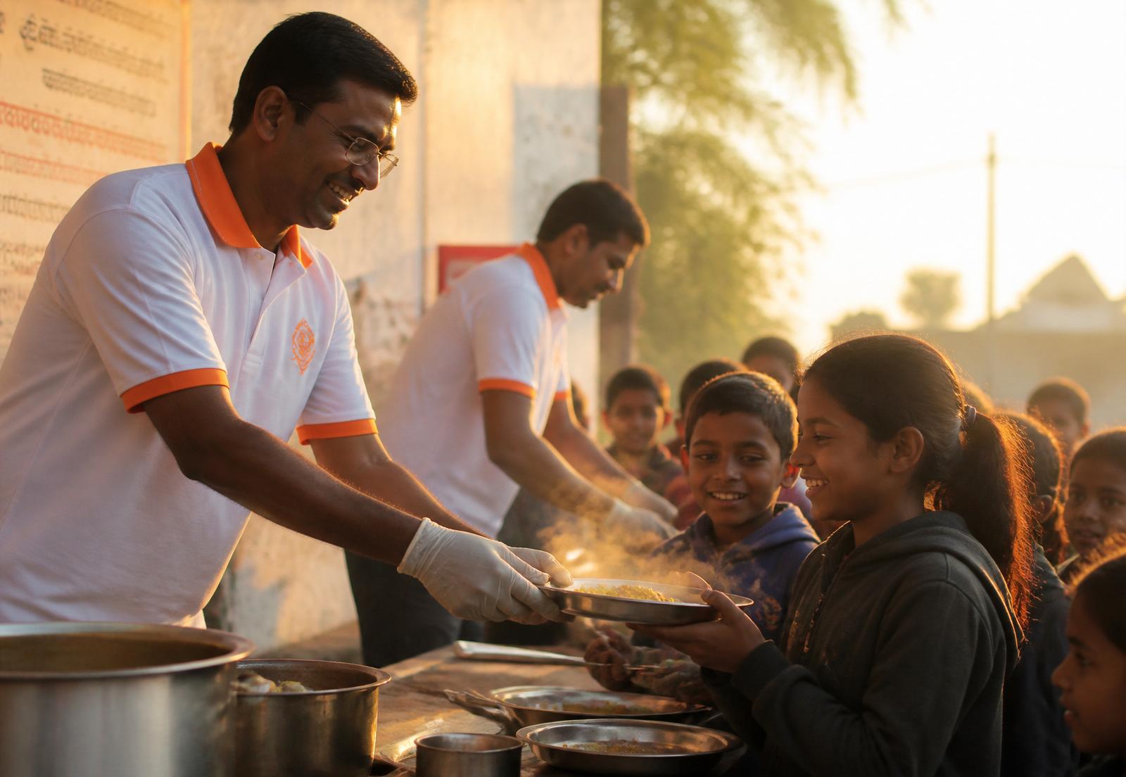 Four Hands Foundation volunteers serving meals to children at dawn in Ankleshwar